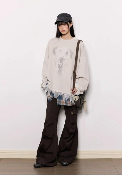 Tom Dog Graphic Stitched Hem Long Sleeve T-Shirt-korean-fashion-T-Shirt-Tom's Closet-OH Garments
