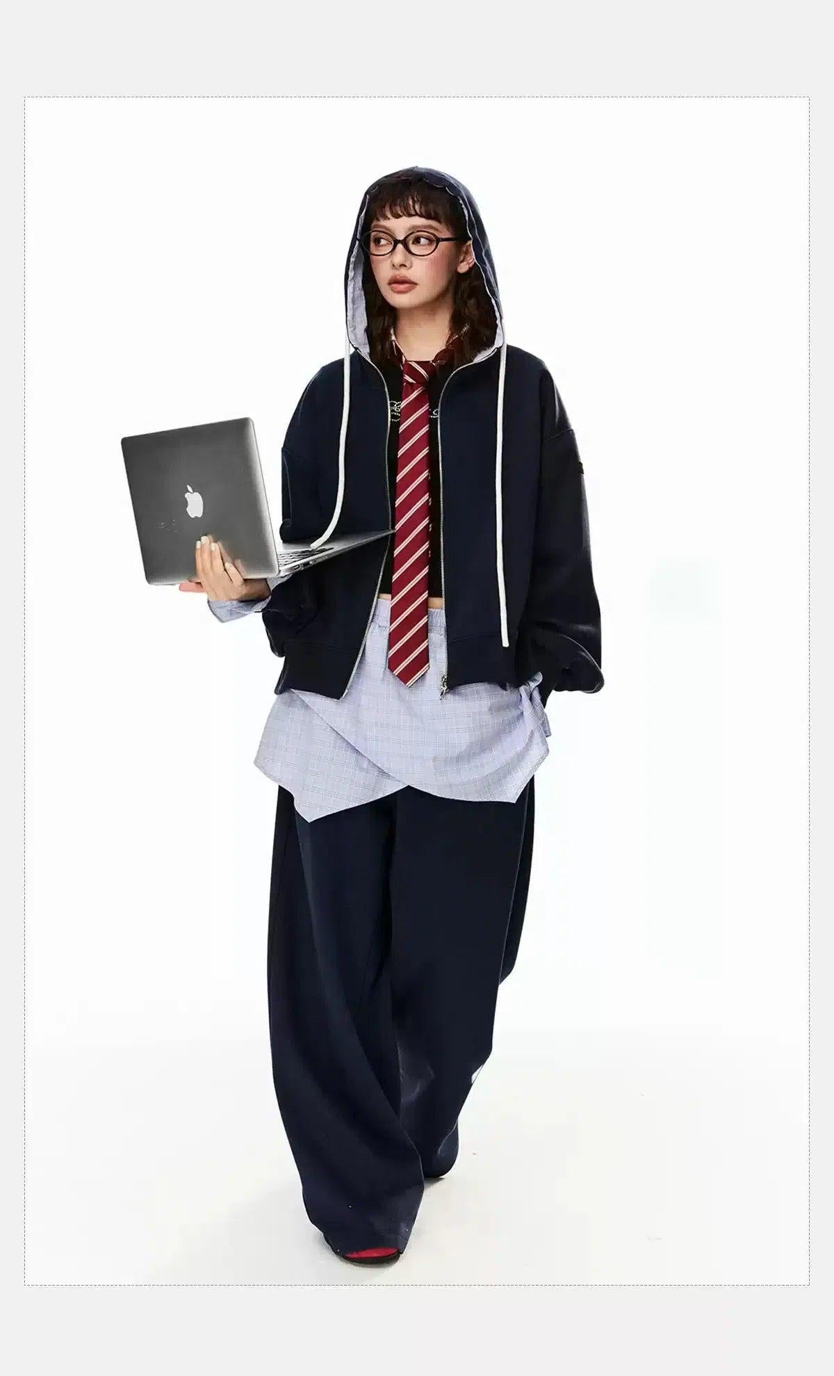 Tom Drawstring Double Zip-Up Hoodie & Plaid Skirt Sweatpants Set-korean-fashion-Clothing Set-Tom's Closet-OH Garments