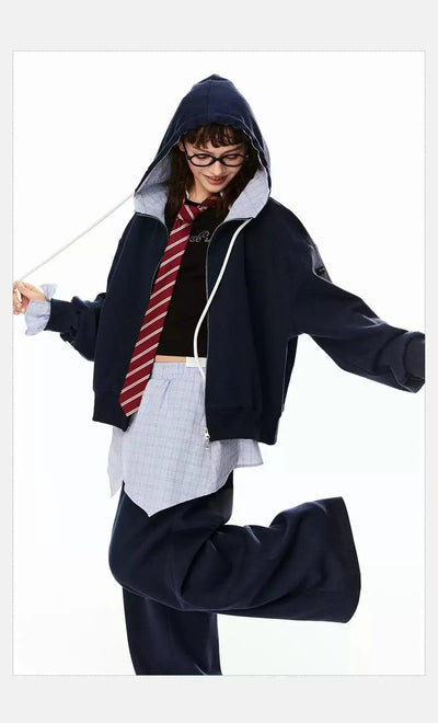 Tom Drawstring Double Zip-Up Hoodie & Plaid Skirt Sweatpants Set-korean-fashion-Clothing Set-Tom's Closet-OH Garments