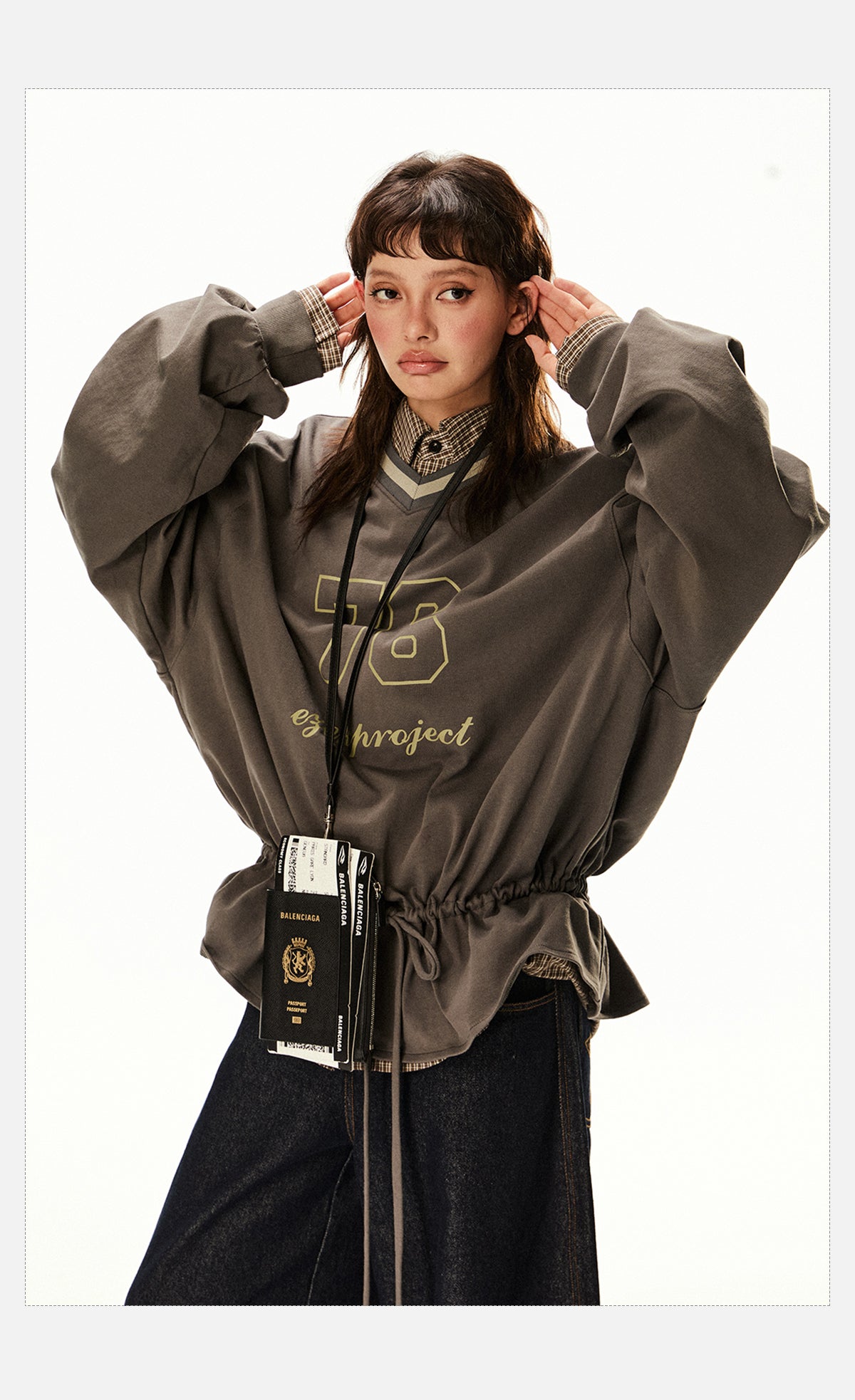 Tom Drawstring Drop-Shoulder V-Neck Crewneck-korean-fashion-Crewneck-Tom's Closet-OH Garments