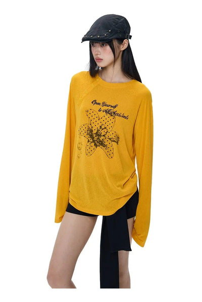 Tom Floral Slant Shoulder Long Sleeve T-Shirt-korean-fashion-T-Shirt-Tom's Closet-OH Garments