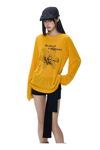 Tom Floral Slant Shoulder Long Sleeve T-Shirt-korean-fashion-T-Shirt-Tom's Closet-OH Garments