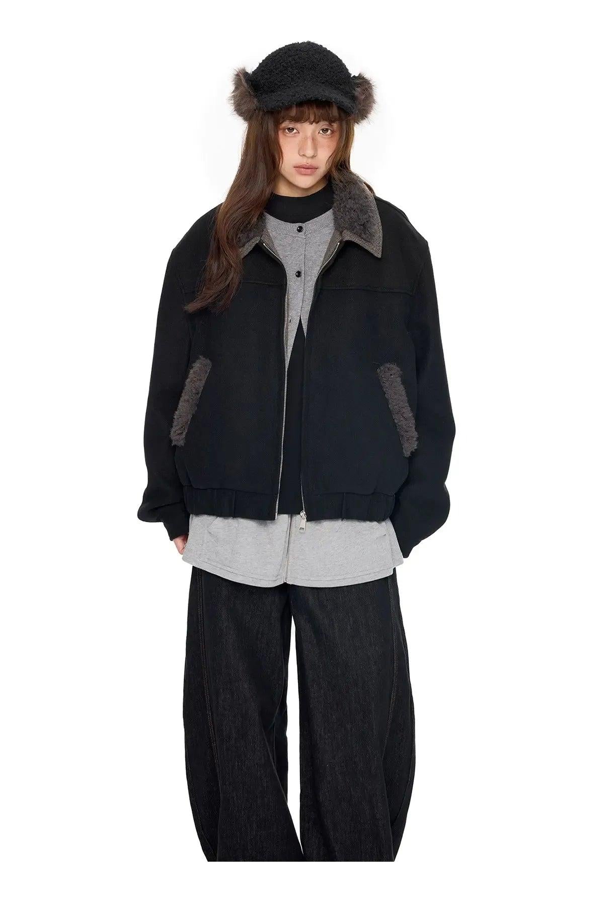 Tom Fluffy-Trim Zipped Jacket-korean-fashion-Jacket-Tom's Closet-OH Garments