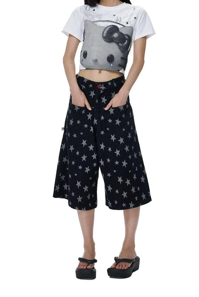 Tom Full-Print Star Denim Shorts-korean-fashion-Shorts-Tom's Closet-OH Garments