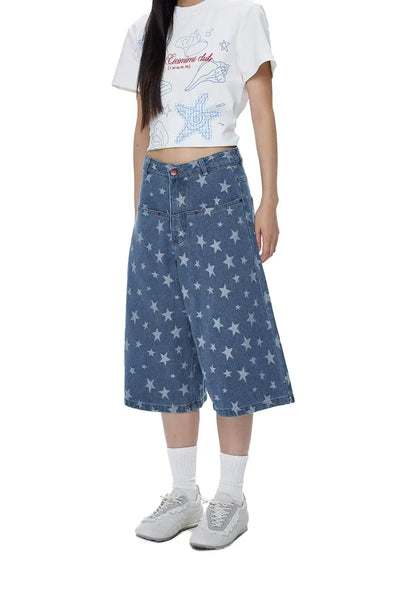 Tom Full-Print Star Denim Shorts-korean-fashion-Shorts-Tom's Closet-OH Garments