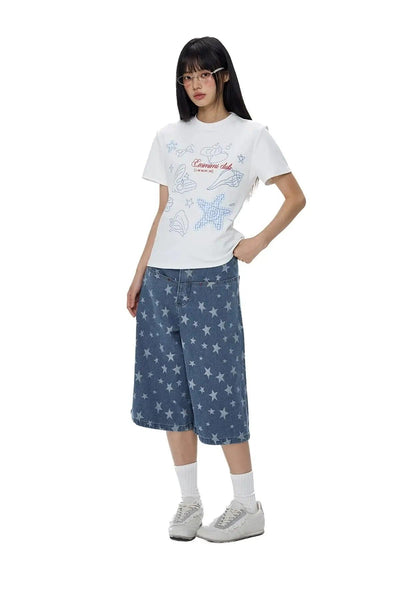 Tom Full-Print Star Denim Shorts-korean-fashion-Shorts-Tom's Closet-OH Garments