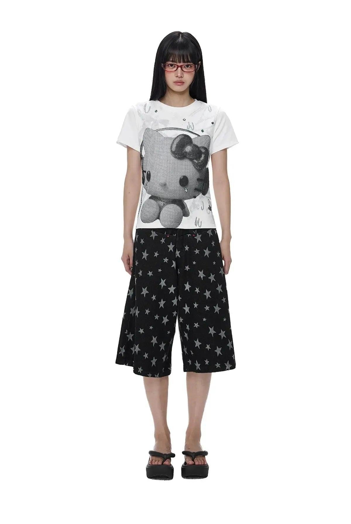 Tom Full-Print Star Denim Shorts-korean-fashion-Shorts-Tom's Closet-OH Garments