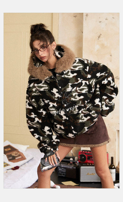 Tom Fur Collar Camouflage Zip-Up Hoodie-korean-fashion-Hoodie-Tom's Closet-OH Garments