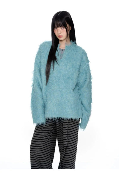 Tom Fuzzy Soft V-Neck Sweater-korean-fashion-Sweater-Tom's Closet-OH Garments