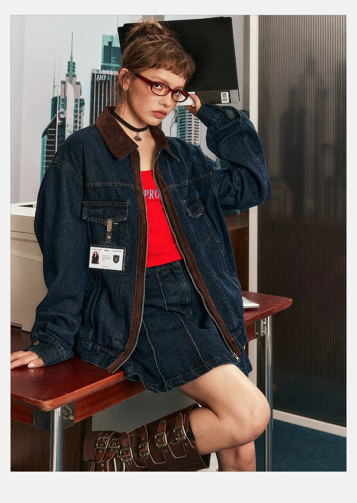 Tom Leather Splice Denim Jacket & Denim Skirt Set-korean-fashion-Clothing Set-Tom's Closet-OH Garments