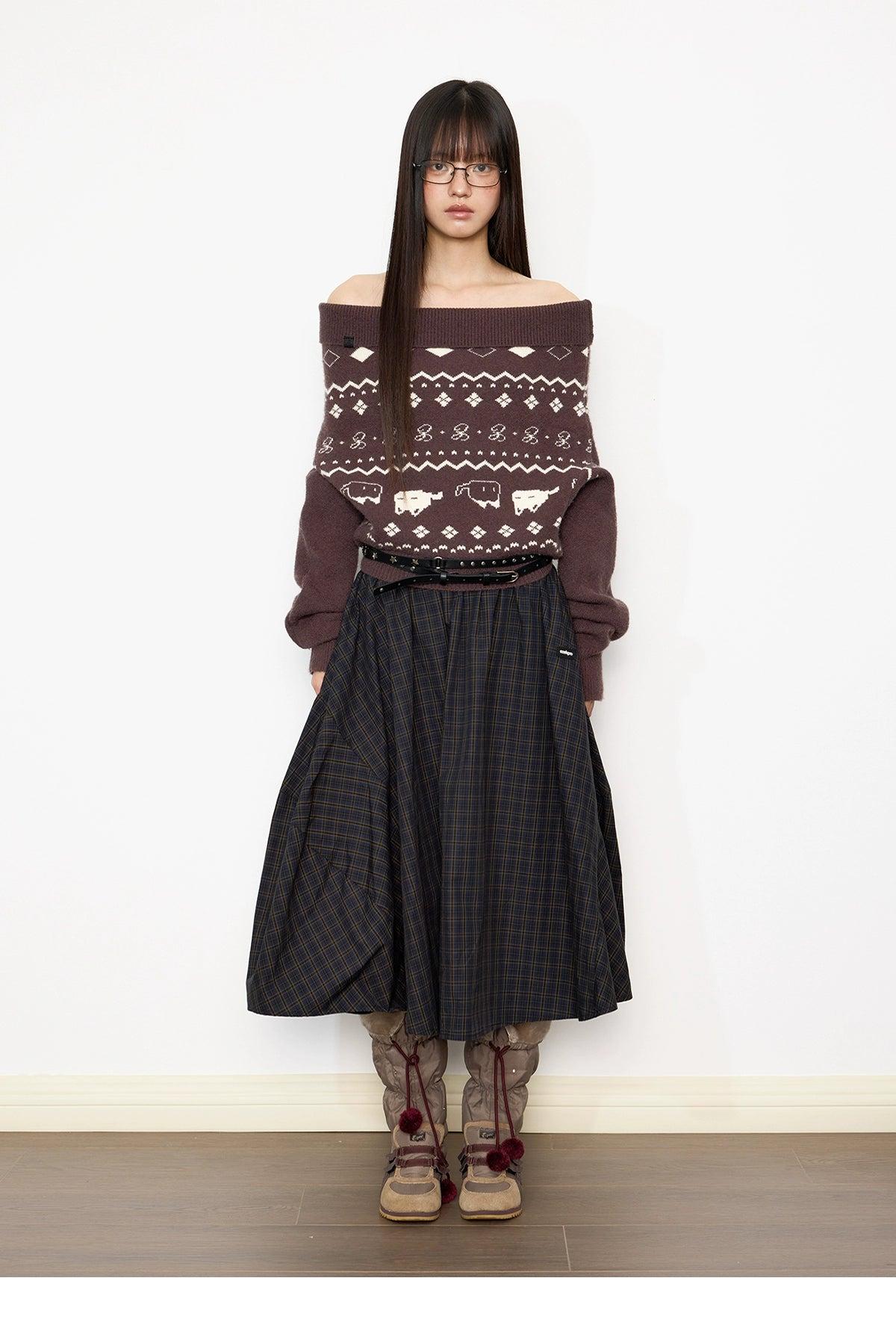 Tom Off Shoulder Patterned Sweater-korean-fashion-Sweater-Tom's Closet-OH Garments