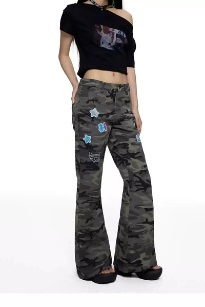 Tom Patched Camo Flared Jeans-korean-fashion-Jeans-Tom's Closet-OH Garments