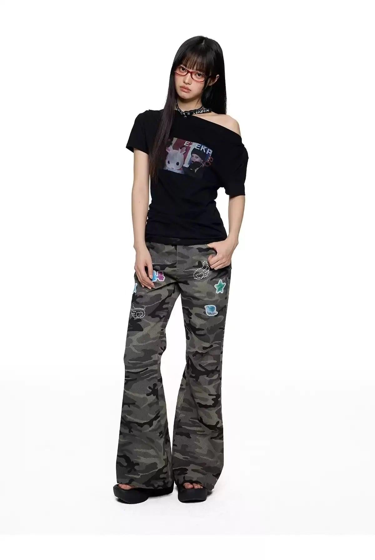 Tom Patched Camo Flared Jeans-korean-fashion-Jeans-Tom's Closet-OH Garments