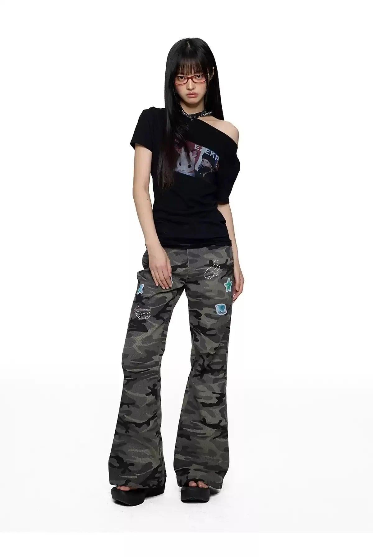 Tom Patched Camo Flared Jeans-korean-fashion-Jeans-Tom's Closet-OH Garments
