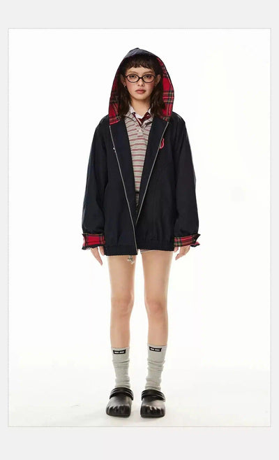 Tom Plaid Badge Embroidery Hooded Jacket-korean-fashion-Jacket-Tom's Closet-OH Garments