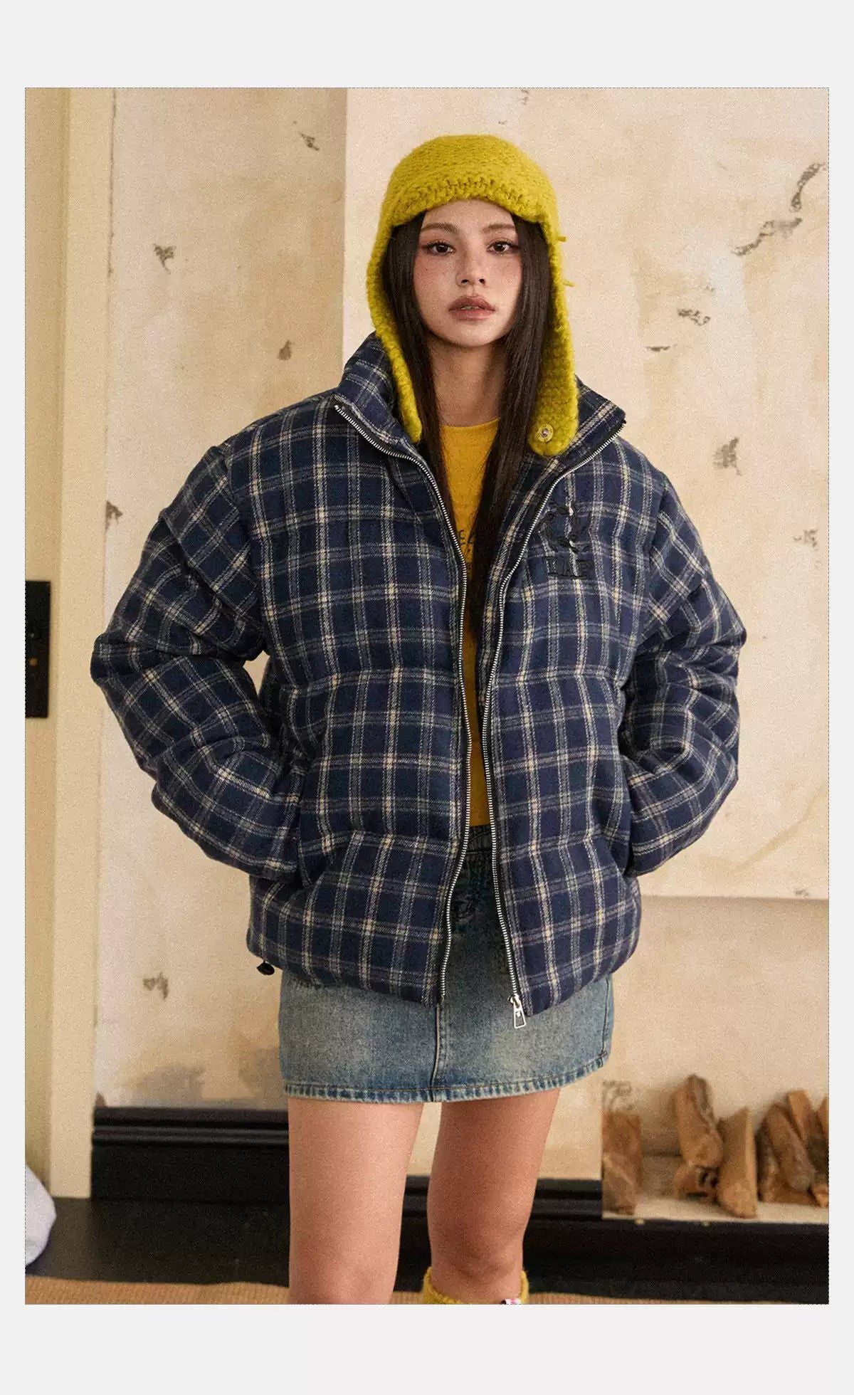 Tom Plaid Pattern Zip-Up Puffer Jacket-korean-fashion-Jacket-Tom's Closet-OH Garments