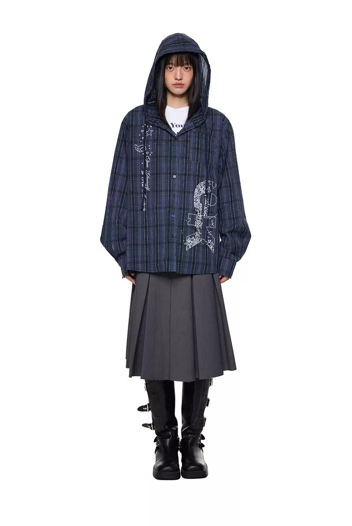 Tom Plaid Print Drawstring Hooded Shirt-korean-fashion-Shirt-Tom's Closet-OH Garments