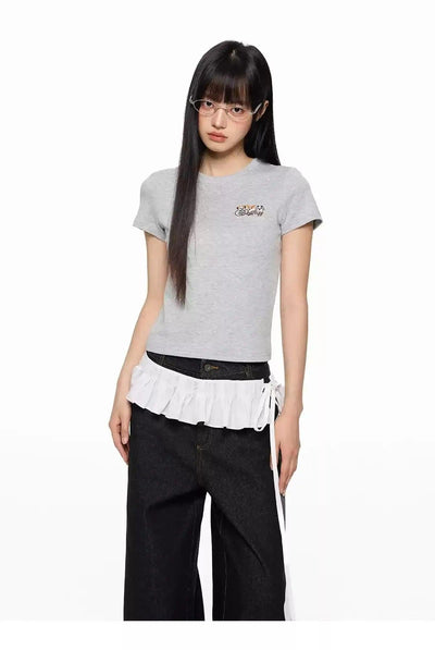 Tom Puppy & Logo Embroidery Cropped T-Shirt-korean-fashion-T-Shirt-Tom's Closet-OH Garments