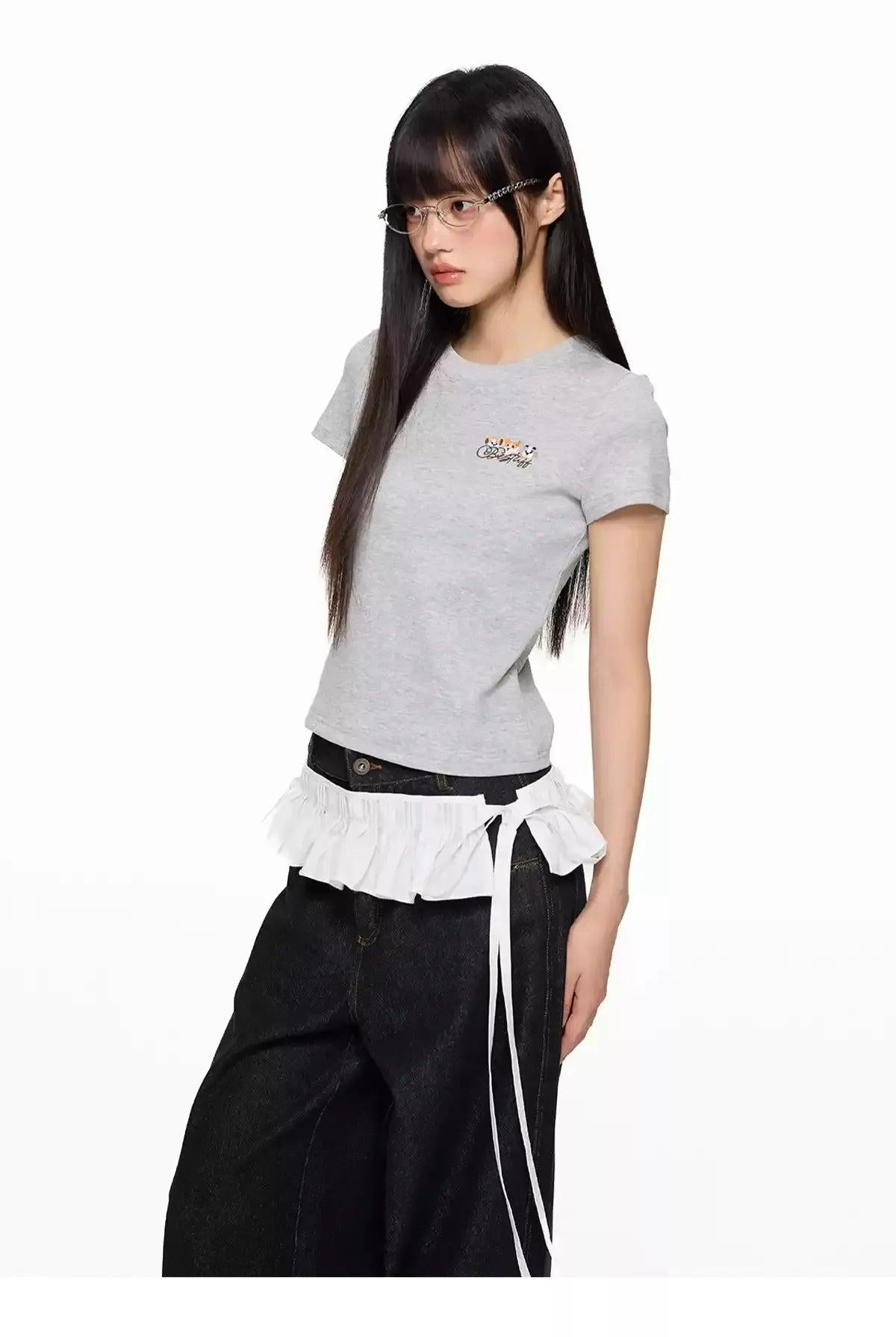 Tom Puppy & Logo Embroidery Cropped T-Shirt-korean-fashion-T-Shirt-Tom's Closet-OH Garments