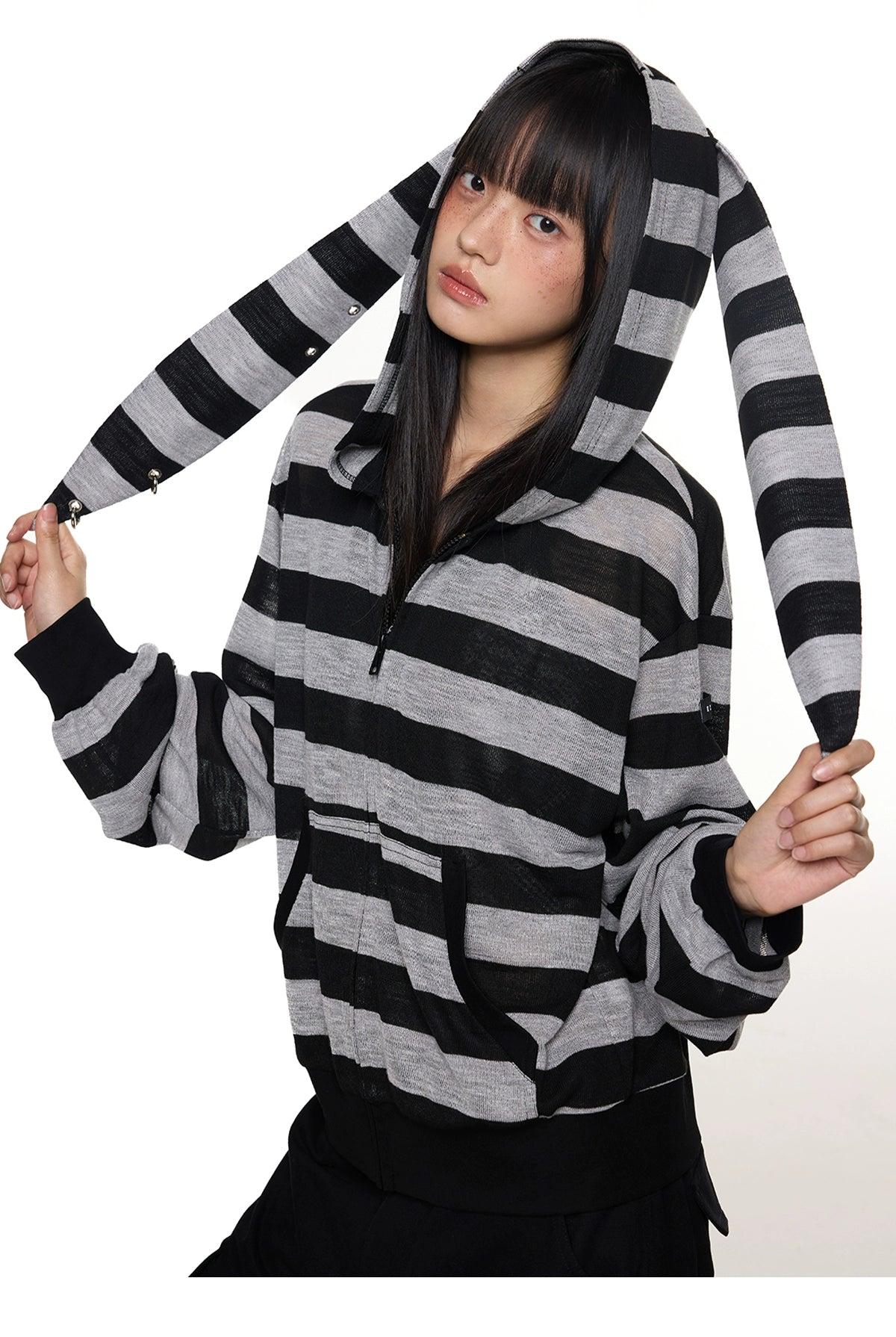 Tom Rabbit Ear Striped Zip-Up Hoodie-korean-fashion-Hoodie-Tom's Closet-OH Garments