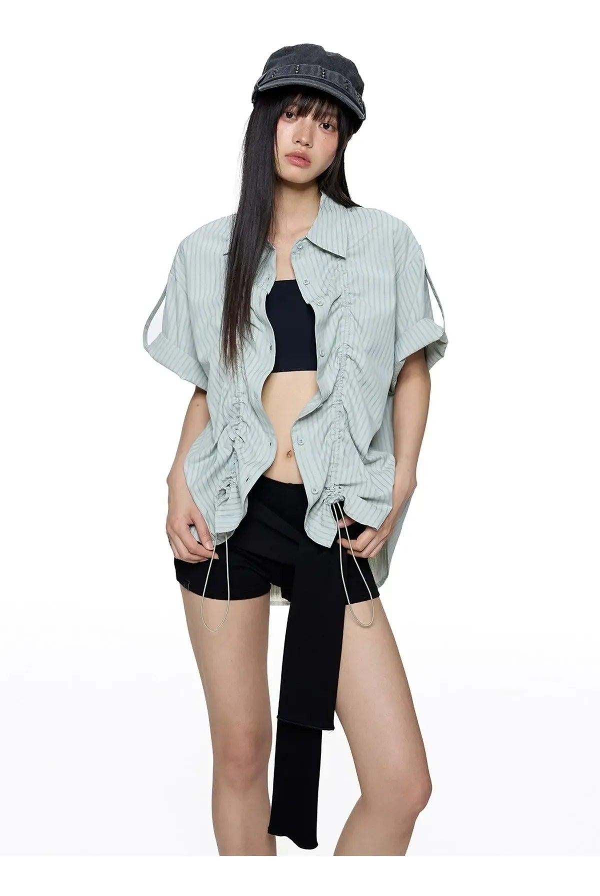 Tom Ruched Striped S/S Shirt-korean-fashion-Shirt-Tom's Closet-OH Garments