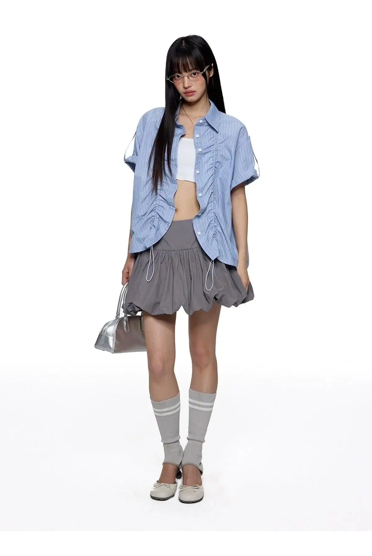 Tom Ruched Striped S/S Shirt-korean-fashion-Shirt-Tom's Closet-OH Garments