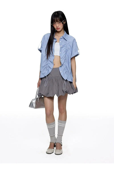 Tom Ruched Striped S/S Shirt-korean-fashion-Shirt-Tom's Closet-OH Garments