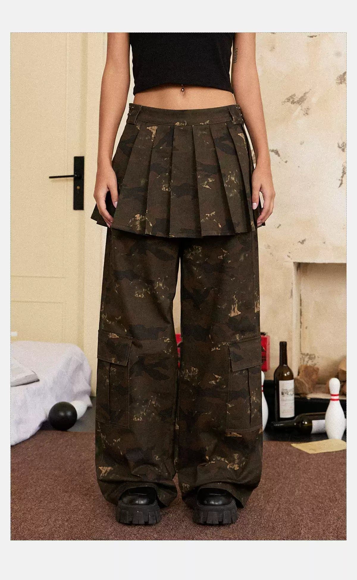 Tom Skirt Layer Camouflage Cargo Pants-korean-fashion-Pants-Tom's Closet-OH Garments