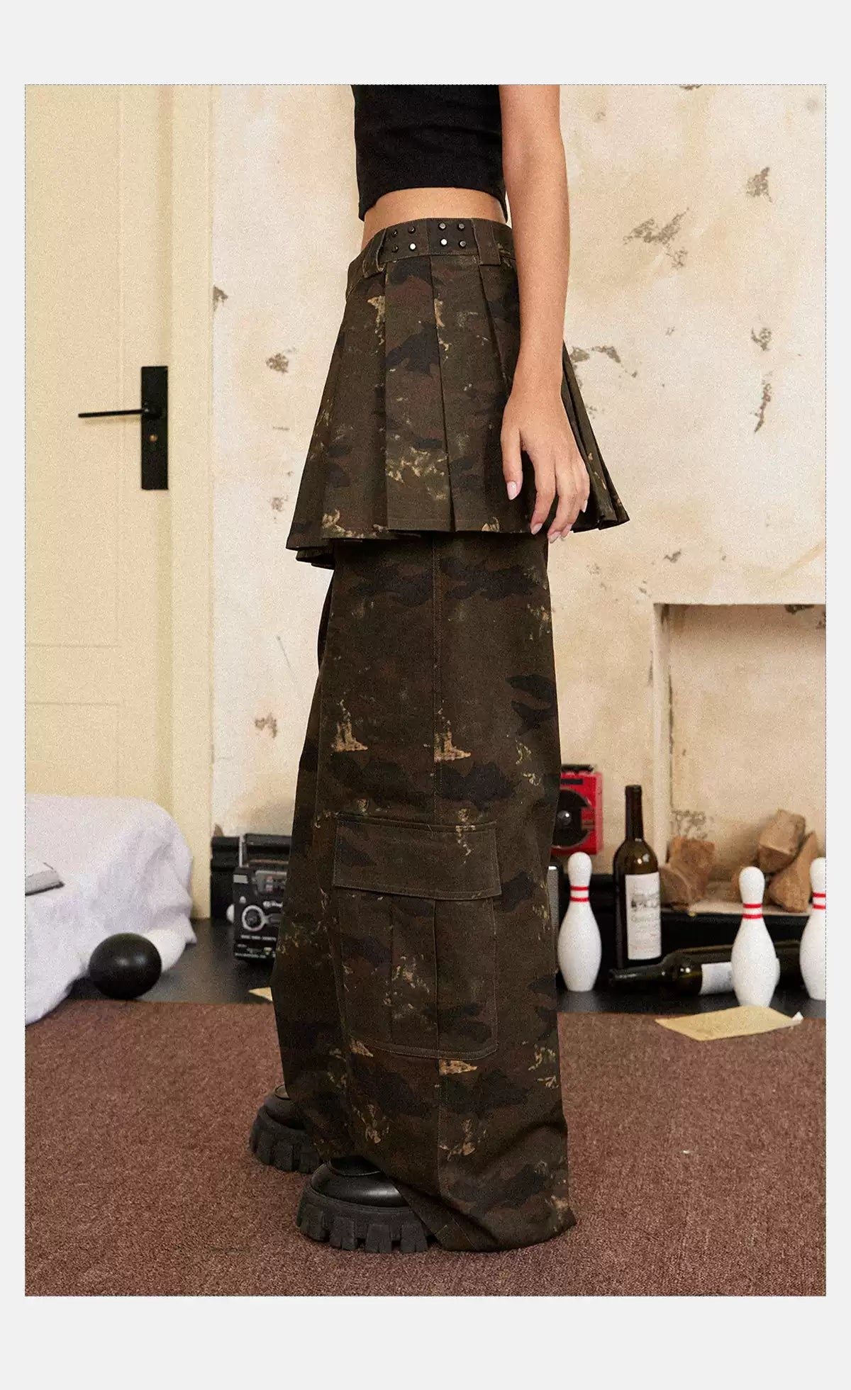 Tom Skirt Layer Camouflage Cargo Pants-korean-fashion-Pants-Tom's Closet-OH Garments