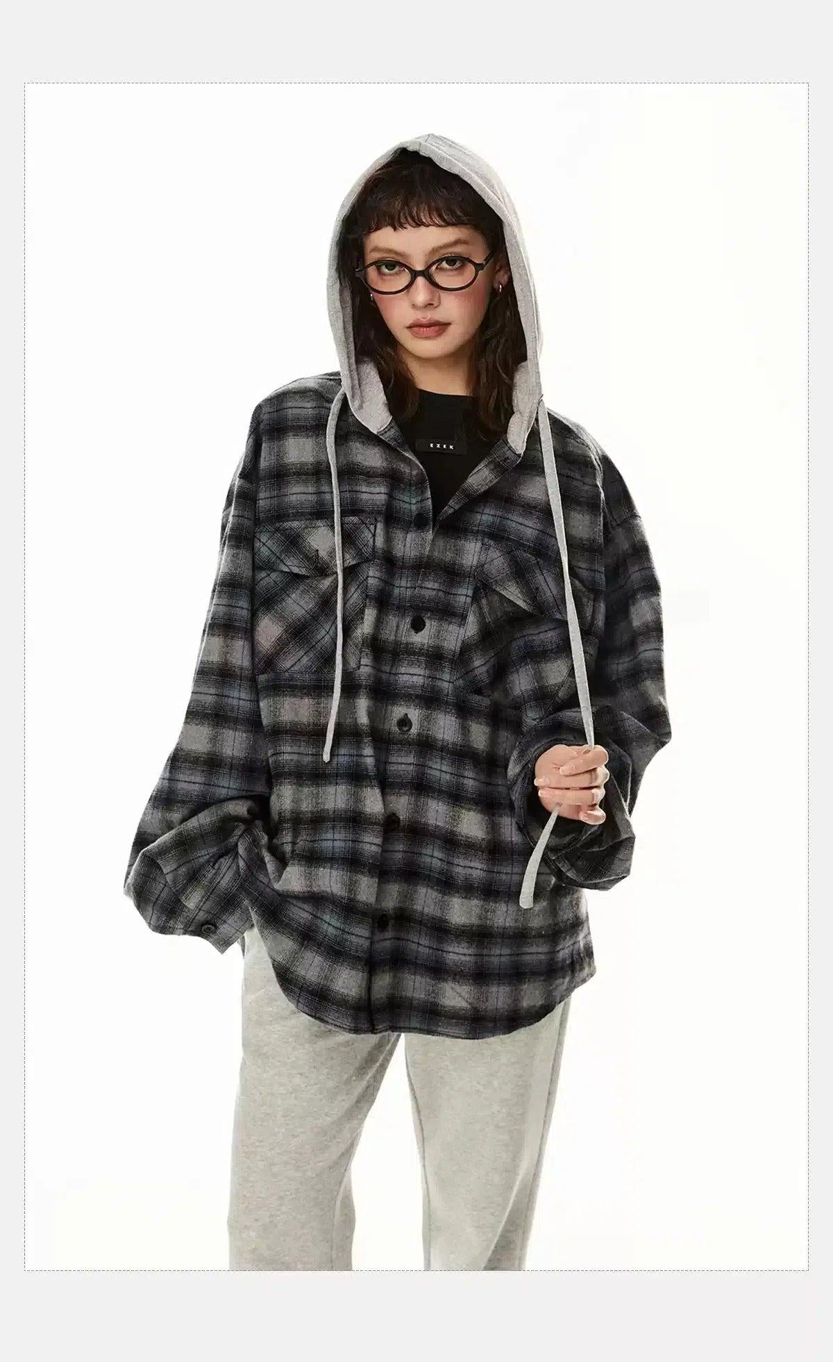 Tom Spliced Drawstring Plaid Hoodie-korean-fashion-Hoodie-Tom's Closet-OH Garments