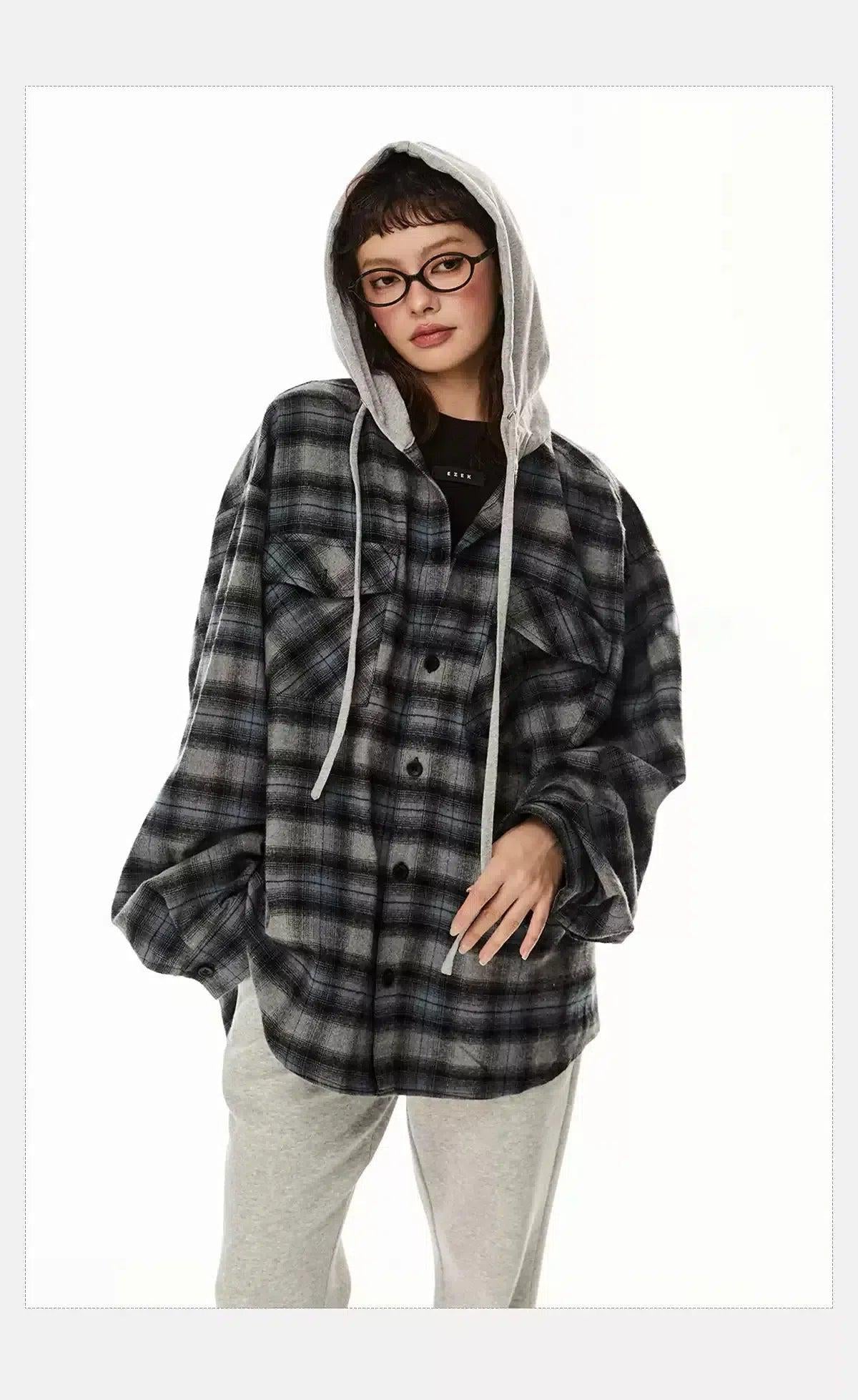 Tom Spliced Drawstring Plaid Hoodie-korean-fashion-Hoodie-Tom's Closet-OH Garments