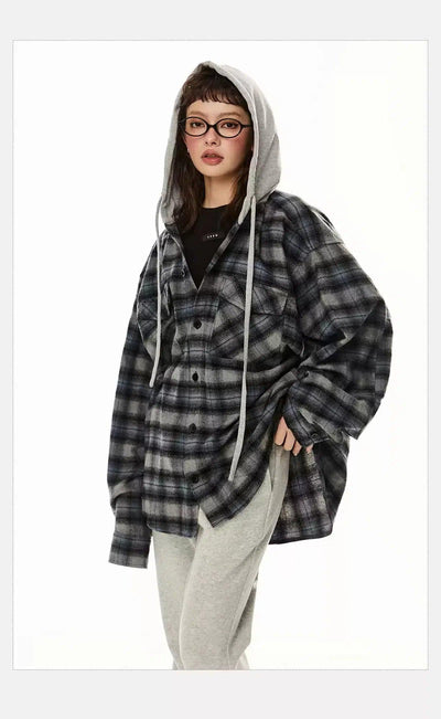 Tom Spliced Drawstring Plaid Hoodie-korean-fashion-Hoodie-Tom's Closet-OH Garments