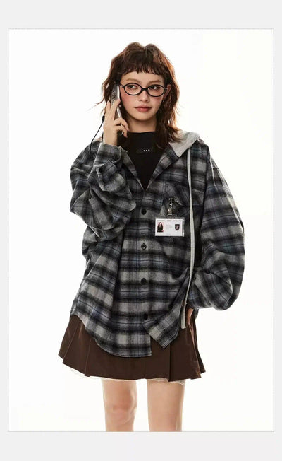 Tom Spliced Drawstring Plaid Hoodie-korean-fashion-Hoodie-Tom's Closet-OH Garments