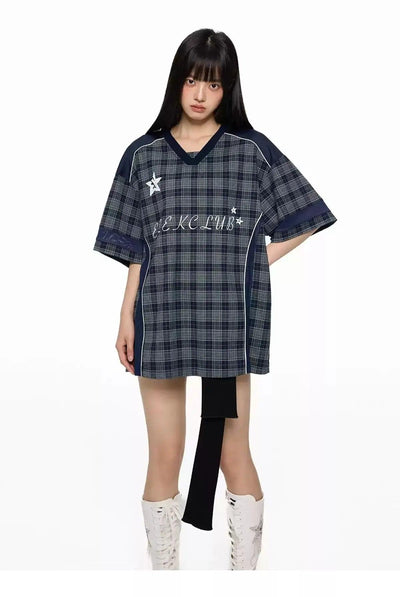 Tom Spliced Plaid V-Neck T-Shirt-korean-fashion-T-Shirt-Tom's Closet-OH Garments
