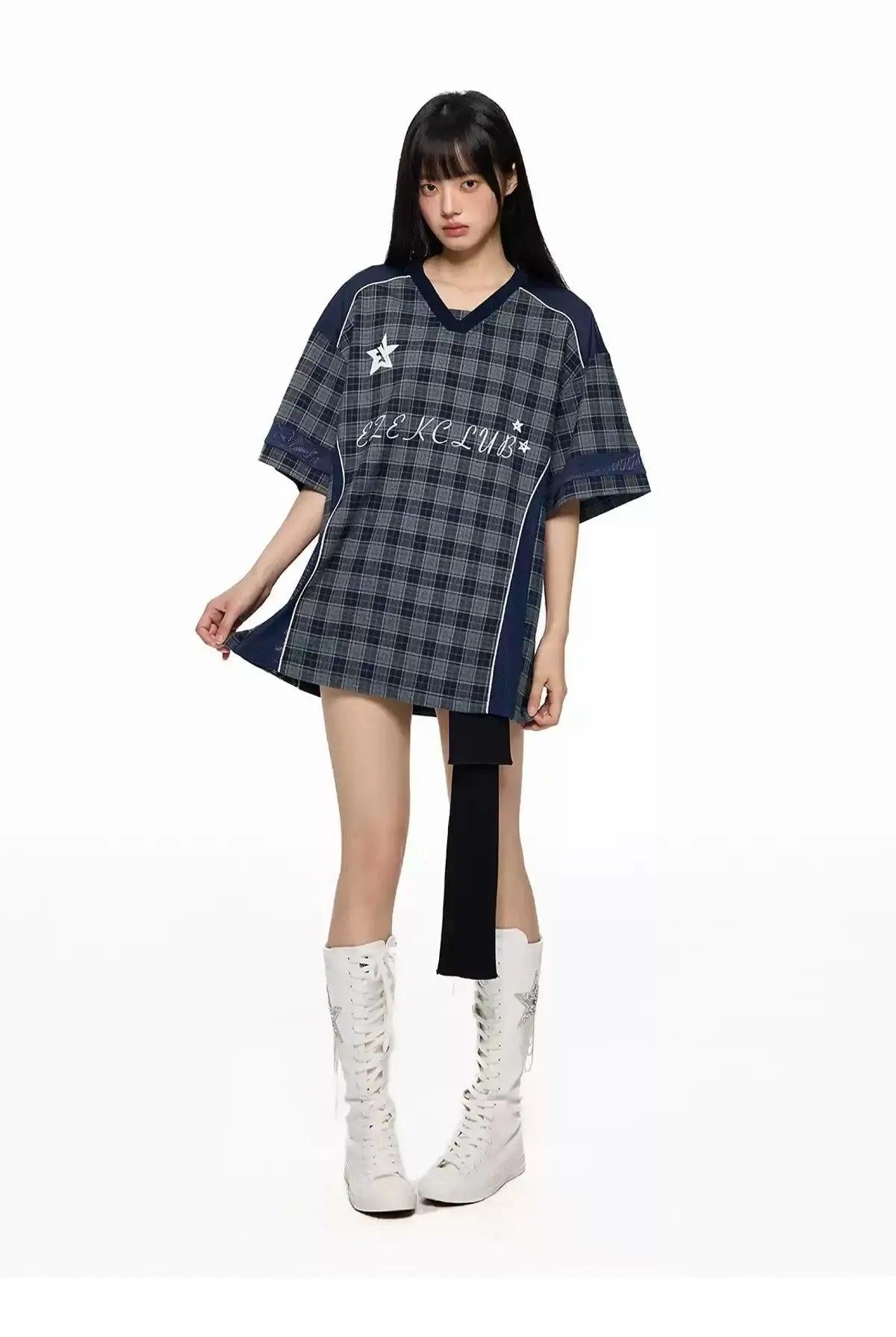 Tom Spliced Plaid V-Neck T-Shirt-korean-fashion-T-Shirt-Tom's Closet-OH Garments