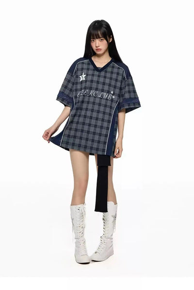Tom Spliced Plaid V-Neck T-Shirt-korean-fashion-T-Shirt-Tom's Closet-OH Garments