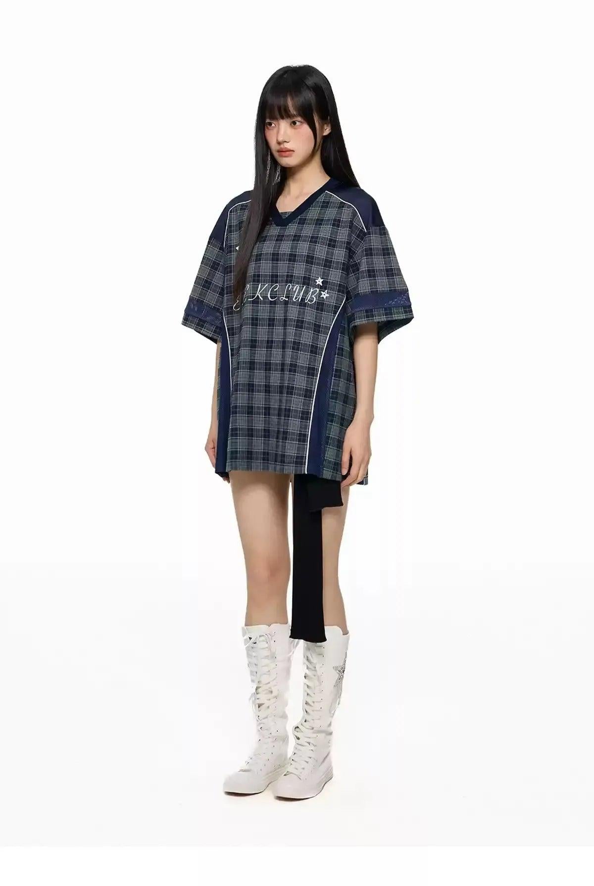Tom Spliced Plaid V-Neck T-Shirt-korean-fashion-T-Shirt-Tom's Closet-OH Garments