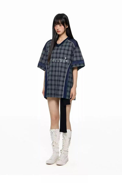 Tom Spliced Plaid V-Neck T-Shirt-korean-fashion-T-Shirt-Tom's Closet-OH Garments