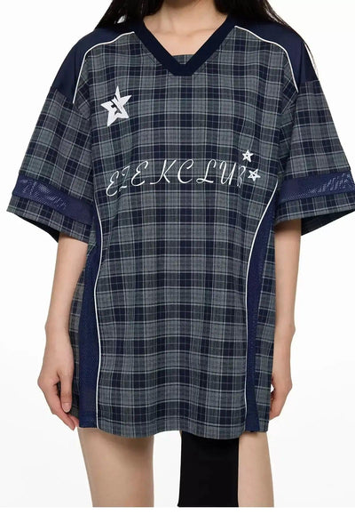 Tom Spliced Plaid V-Neck T-Shirt-korean-fashion-T-Shirt-Tom's Closet-OH Garments