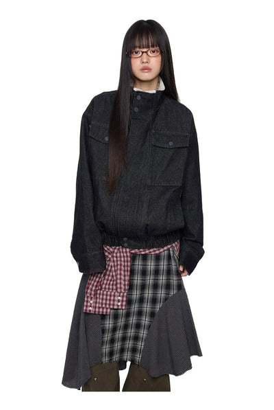 Tom Stand Collar Ruched Hem Denim Jacket-korean-fashion-Jacket-Tom's Closet-OH Garments