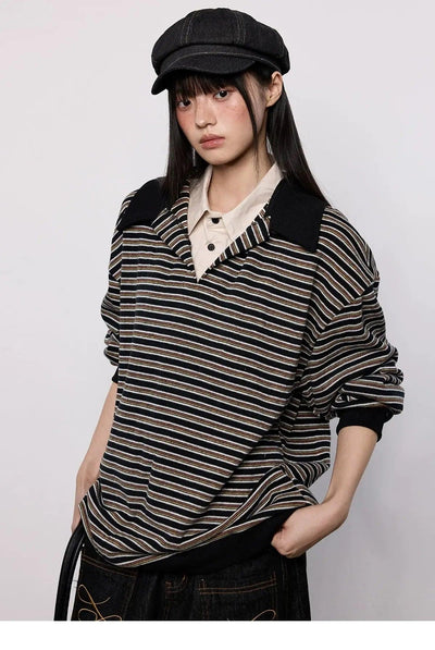 Tom Striped Layered V-Neck Polo-korean-fashion-Skirt-Tom's Closet-OH Garments