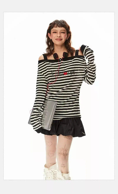 Tom Striped Off-Shoulder Long Sleeve T-Shirt-korean-fashion-T-Shirt-Tom's Closet-OH Garments