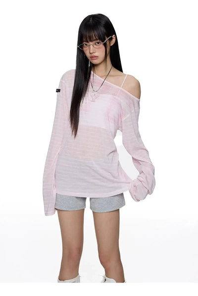 Tom Striped Slant Shoulder Long Sleeve T-Shirt-korean-fashion-T-Shirt-Tom's Closet-OH Garments
