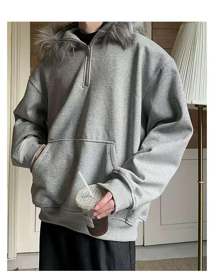 Woo Fur Trimmed Hood Half-Zip Hoodie-korean-fashion-Hoodie-Woo's Closet-OH Garments