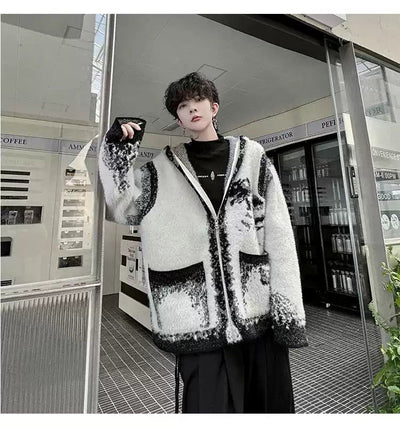 Woo Geometric Jacquard Zipped Hooded Cardigan-korean-fashion-Cardigan-Woo's Closet-OH Garments