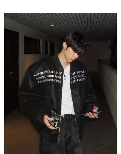 Woo Slogan Embroidery Bomber Jacket-korean-fashion-Jacket-Woo's Closet-OH Garments