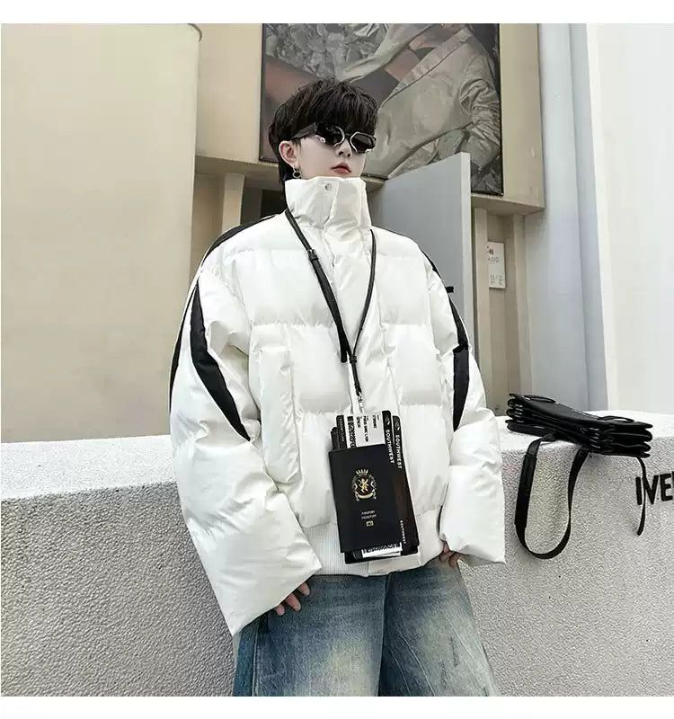 Woo Stand Collar Spliced Contrast Puffer Jacket-korean-fashion-Jacket-Woo's Closet-OH Garments