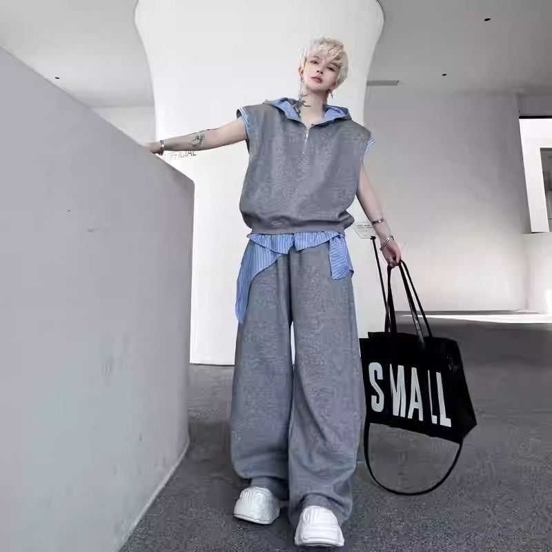 Woo Stripe Spliced Hooded Half-Zip & Casual Sweatpants Set-korean-fashion-Clothing Set-Woo's Closet-OH Garments