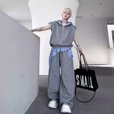 Woo Stripe Spliced Hooded Half-Zip & Casual Sweatpants Set-korean-fashion-Clothing Set-Woo's Closet-OH Garments