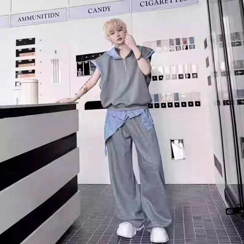 Woo Stripe Spliced Hooded Half-Zip & Casual Sweatpants Set-korean-fashion-Clothing Set-Woo's Closet-OH Garments